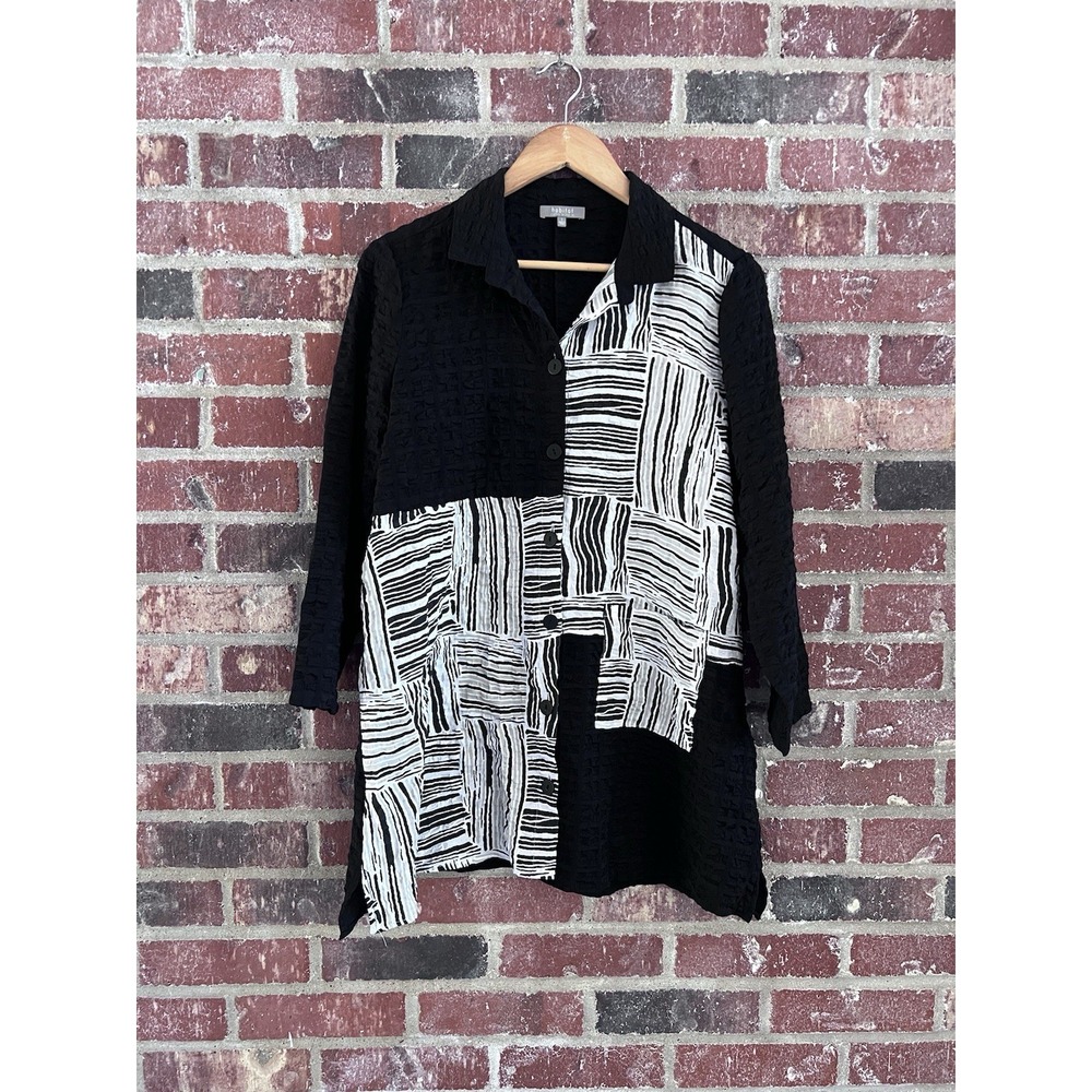 Habitat Top Women Small Black Pucker Weave Mix Print‎ Tunic Lagenlook Coastal